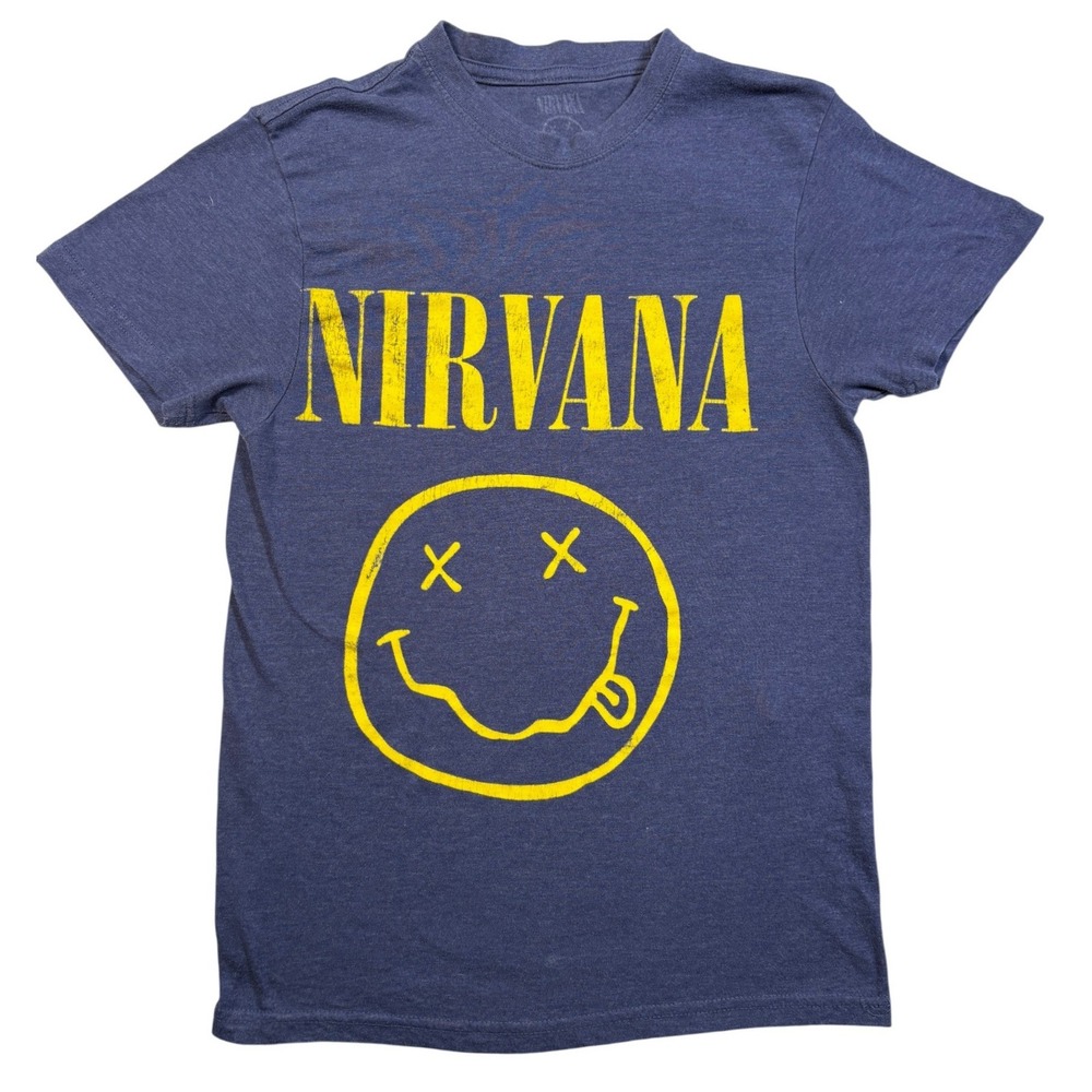 Nirvana Smiley Face Graphic Tee Navy Blue Heather Small Short Sleeve T-Shirt